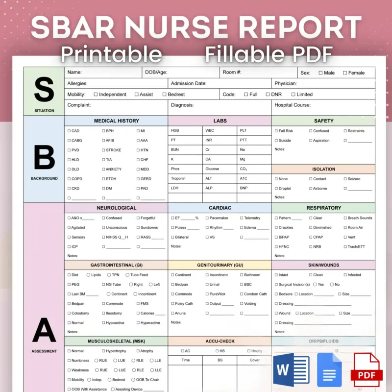 SBAR Nurse Report, Nurse Brain ICU Report Sheet