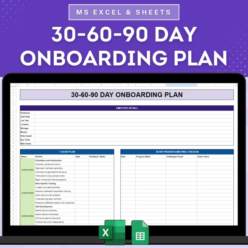 Employee 30-60-90 Day Onboarding Plan Spreadsheet