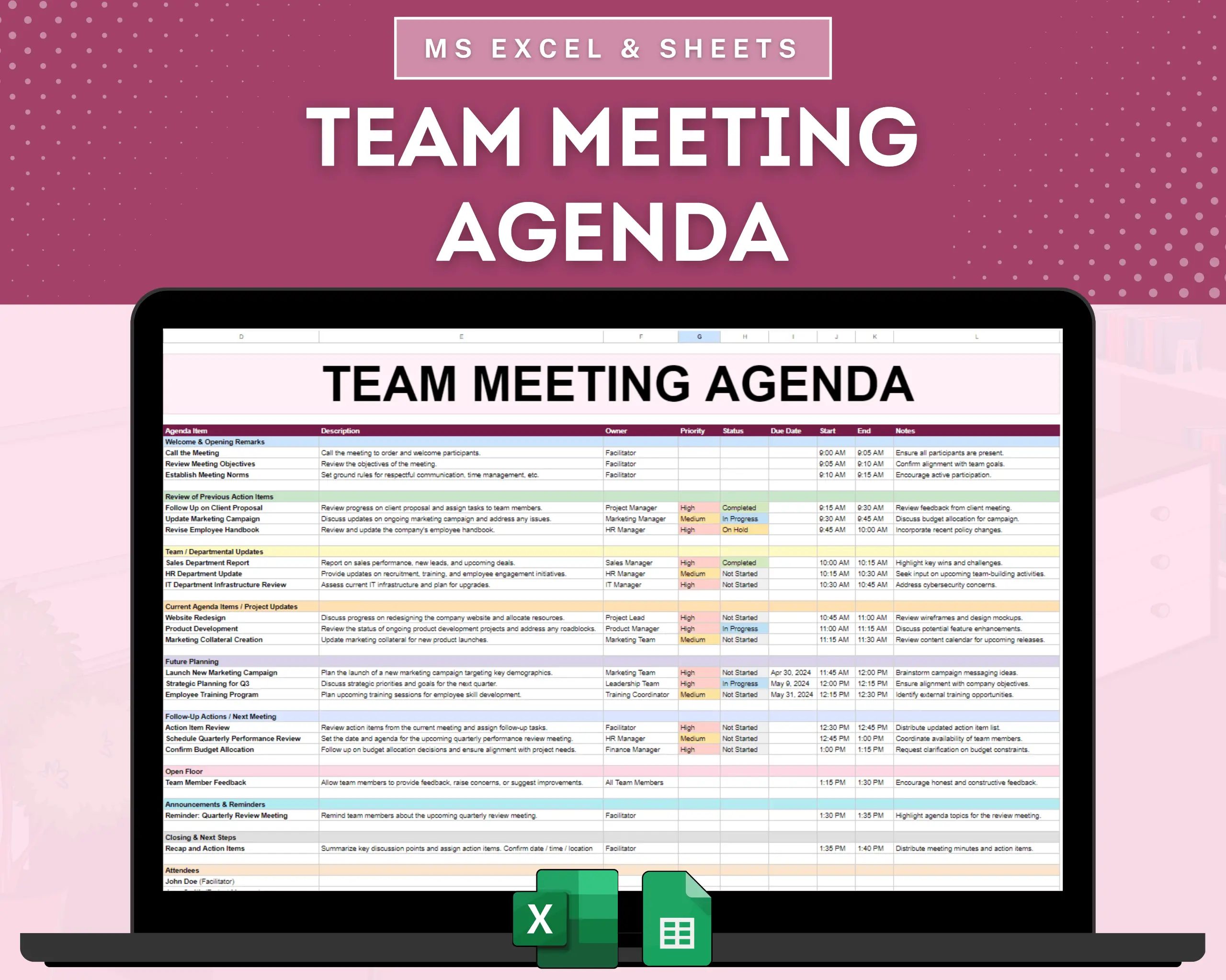 Team Meeting Agenda Spreadsheet Template