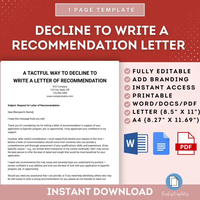 Decline to Write a Recommendation Letter Template