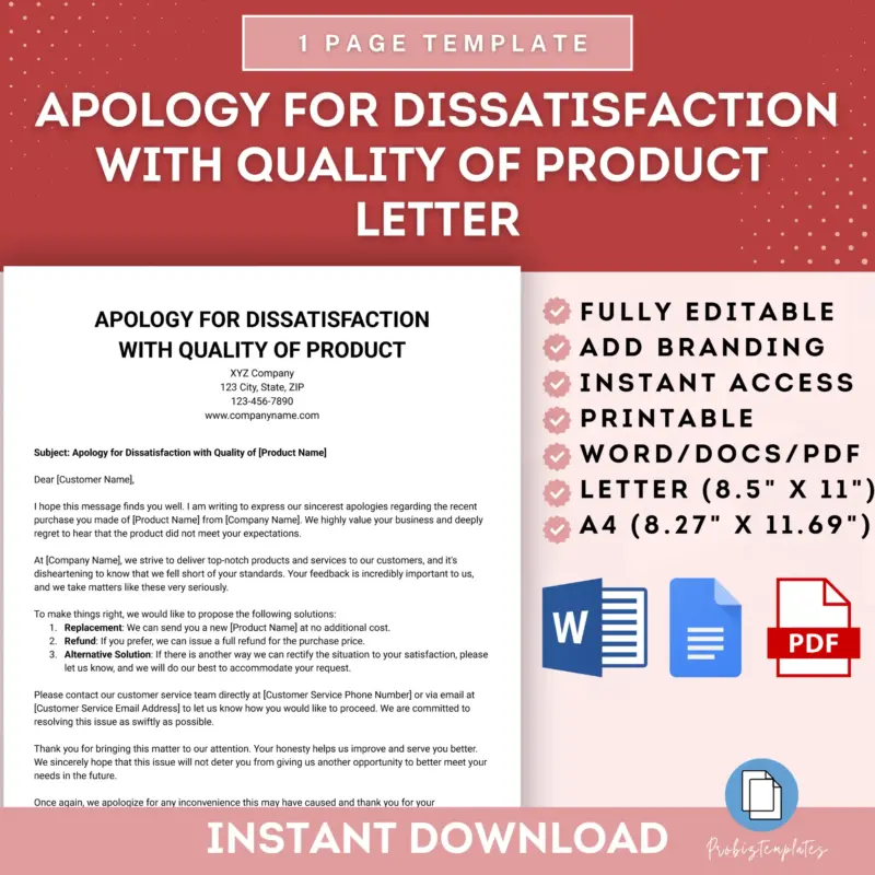 Apology For Dissatisfaction With Quality Of Product Letter Template