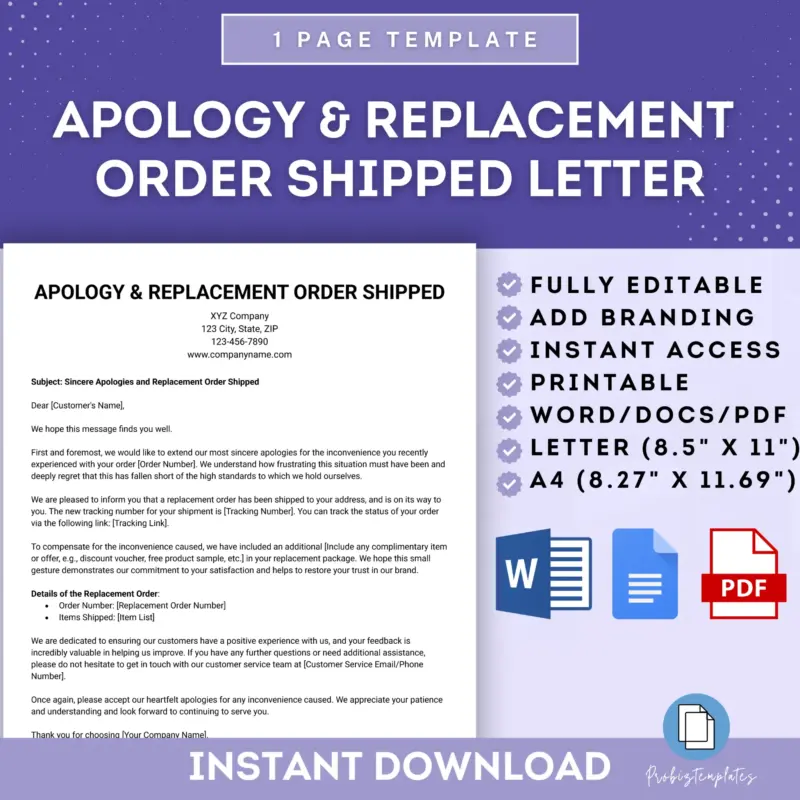 Apology & Replacement Order Shipped Letter Template