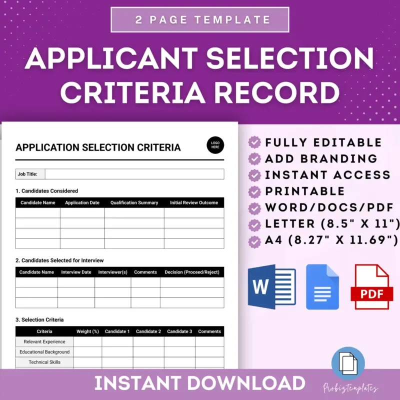 Applicant Selection Criteria Record Template