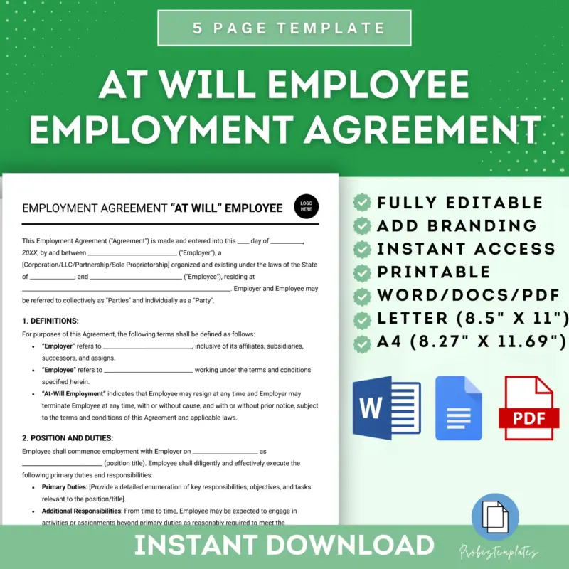 At Will Employee Employment Agreement Template