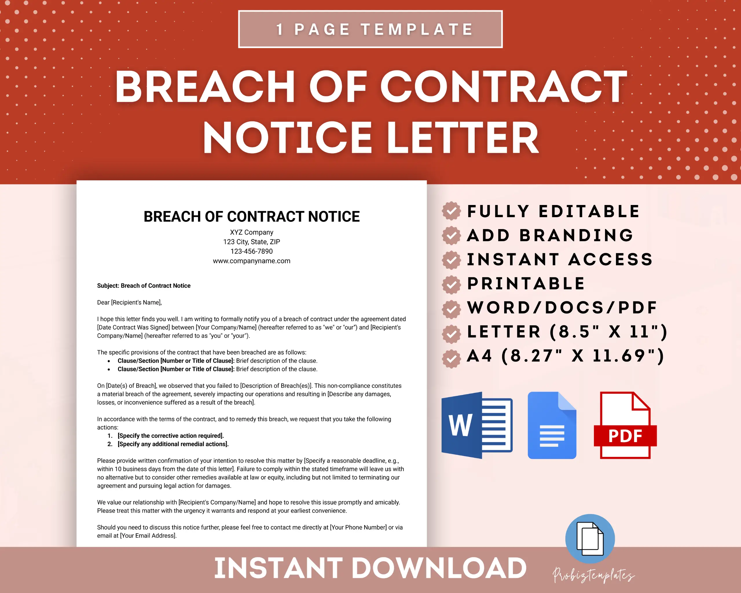 Breach Of Contract Notice Letter Template