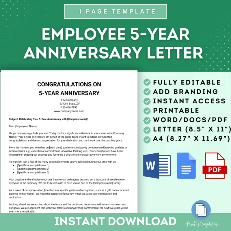 Congratulations To An Employee On 5-Year Anniversary Letter Template