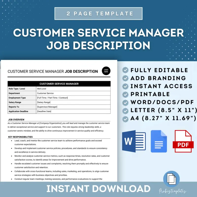 Customer Service Manager Job Description Template