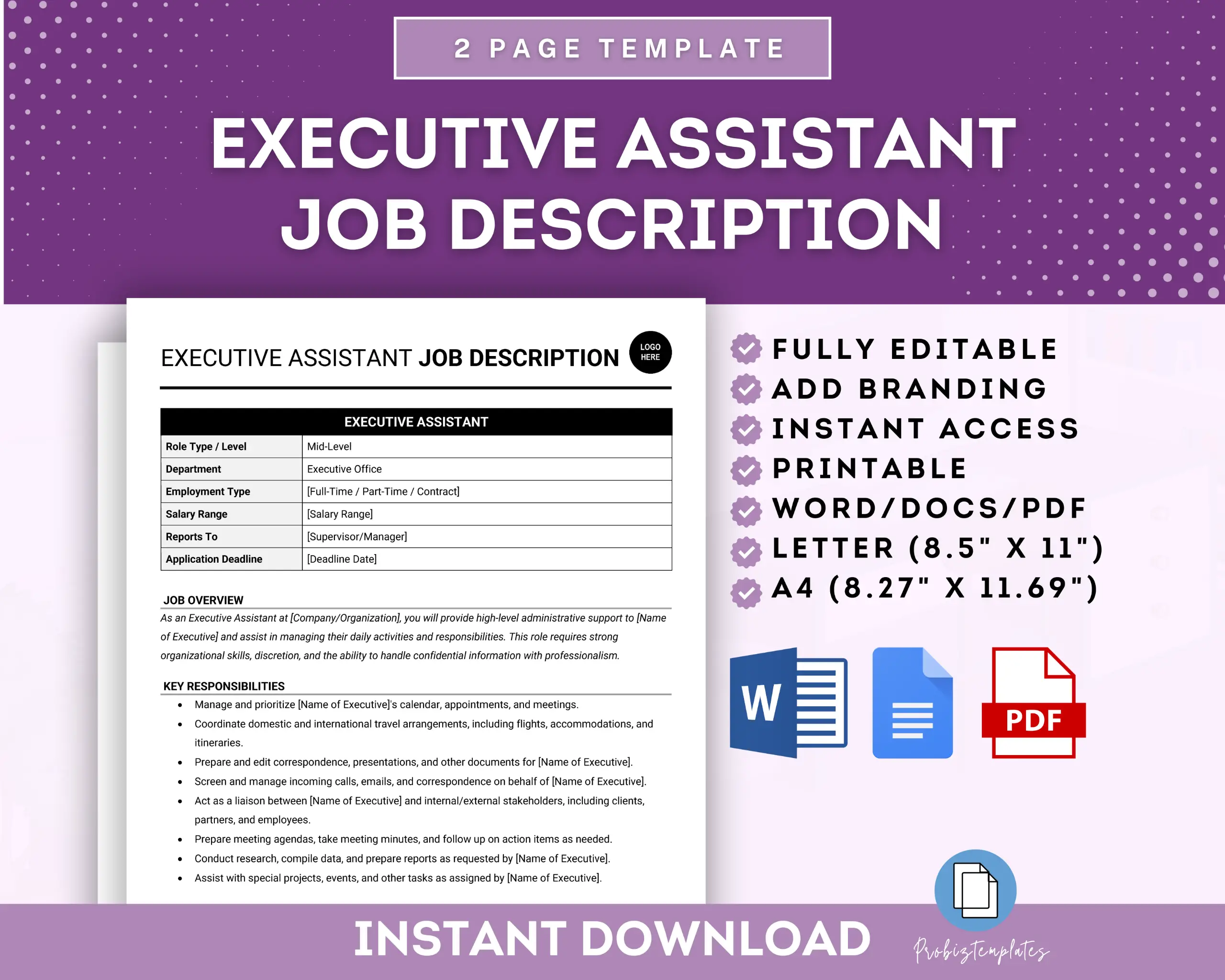 Executive Assistant Job Description Template