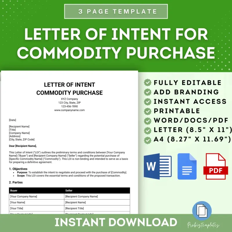 Letter Of Intent For Commodity Purchase Template