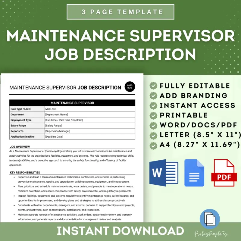 Maintenance Supervisor Job Description Template