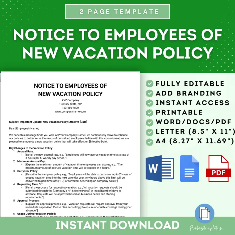 Notice To Employees Of New Vacation Policy Letter Template