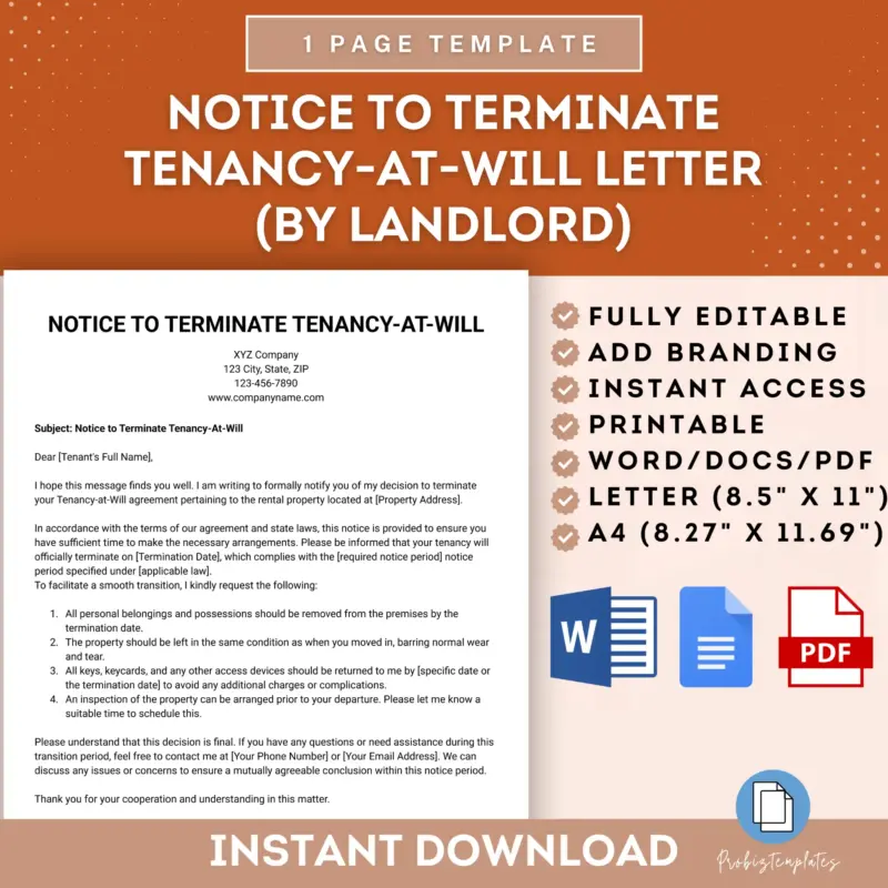 Notice To Terminate Tenancy-At-Will Letter (By Landlord) Template