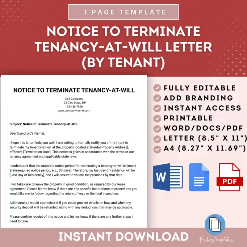 Notice To Terminate Tenancy-At-Will Letter (By Tenant) Template