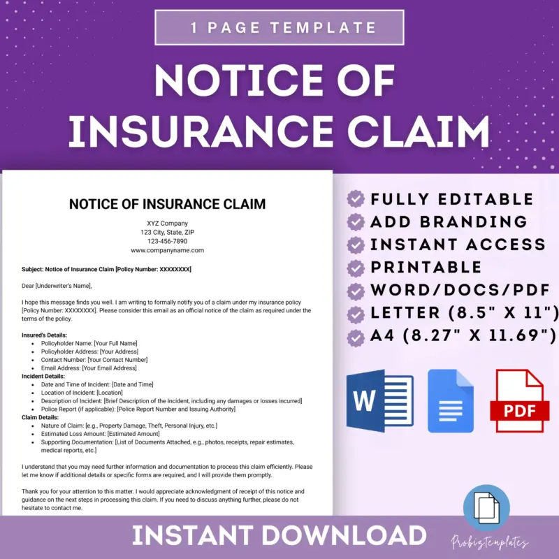 Notice of Insurance Claim Template