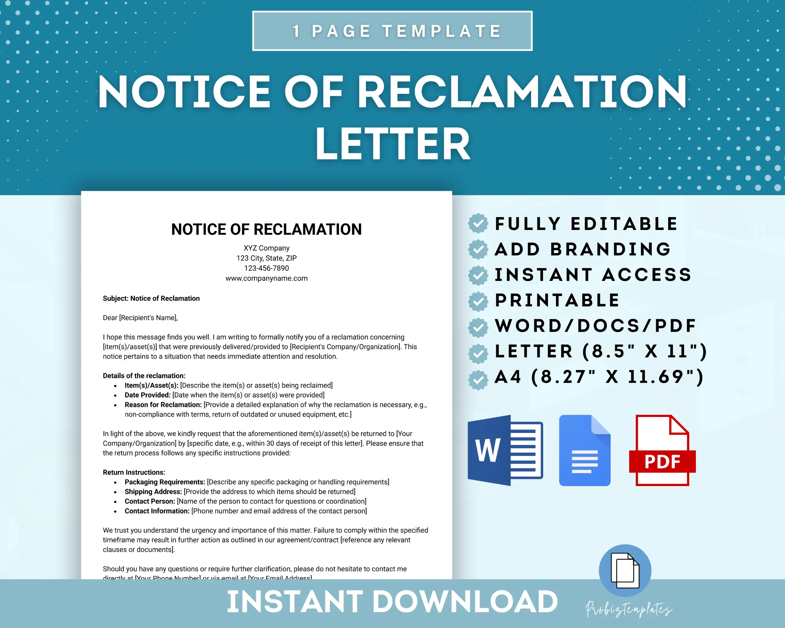 Notice of Reclamation Letter Template
