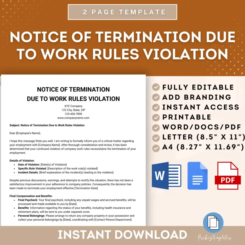 Notice of Termination Due to Work Rules Violation Letter Template