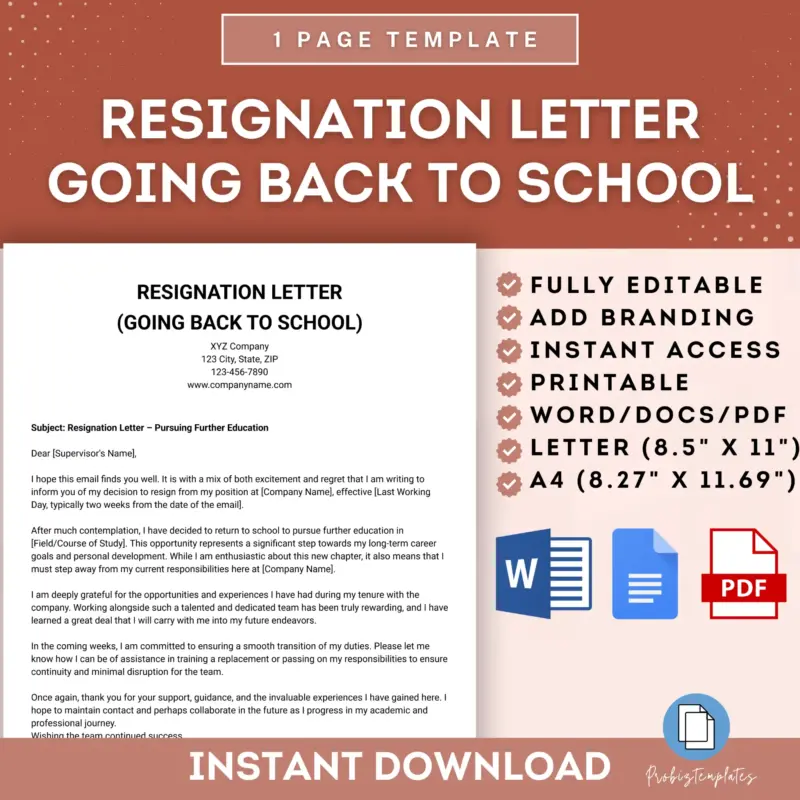 Resignation Letter Going Back To School Template