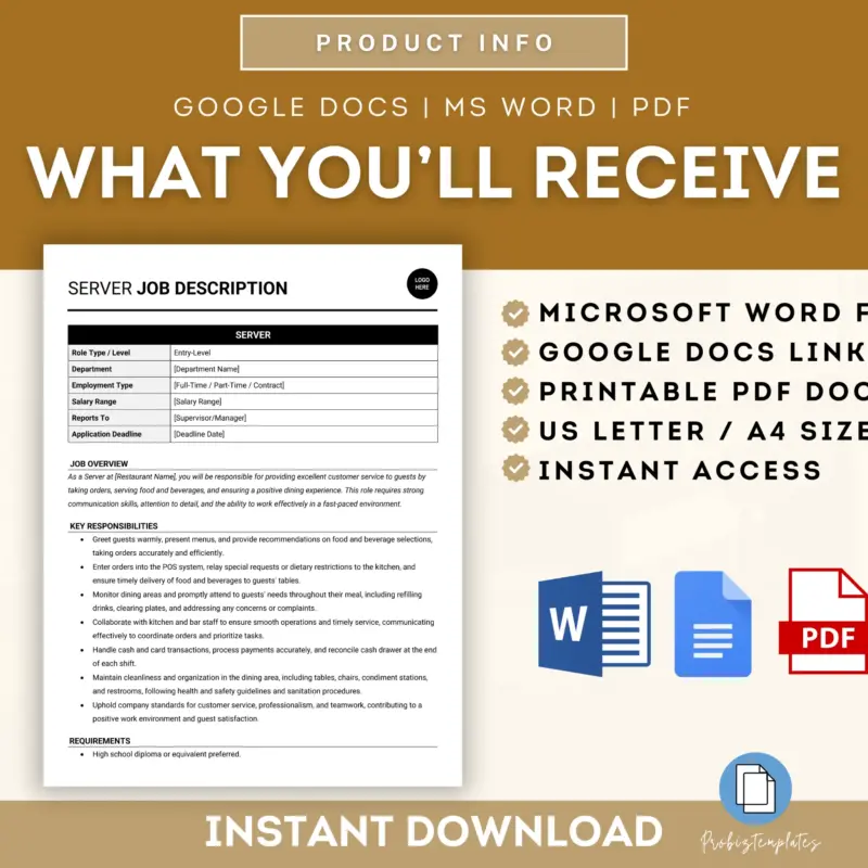 Server Job Description Template | ProBizTemplates